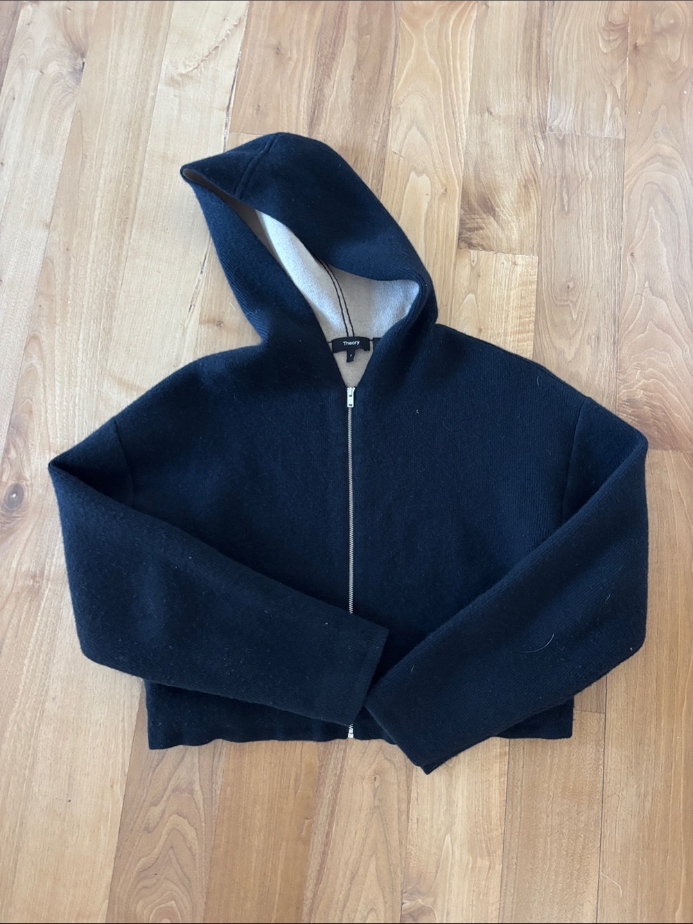 Theory black zipped hoodie with tan interior
